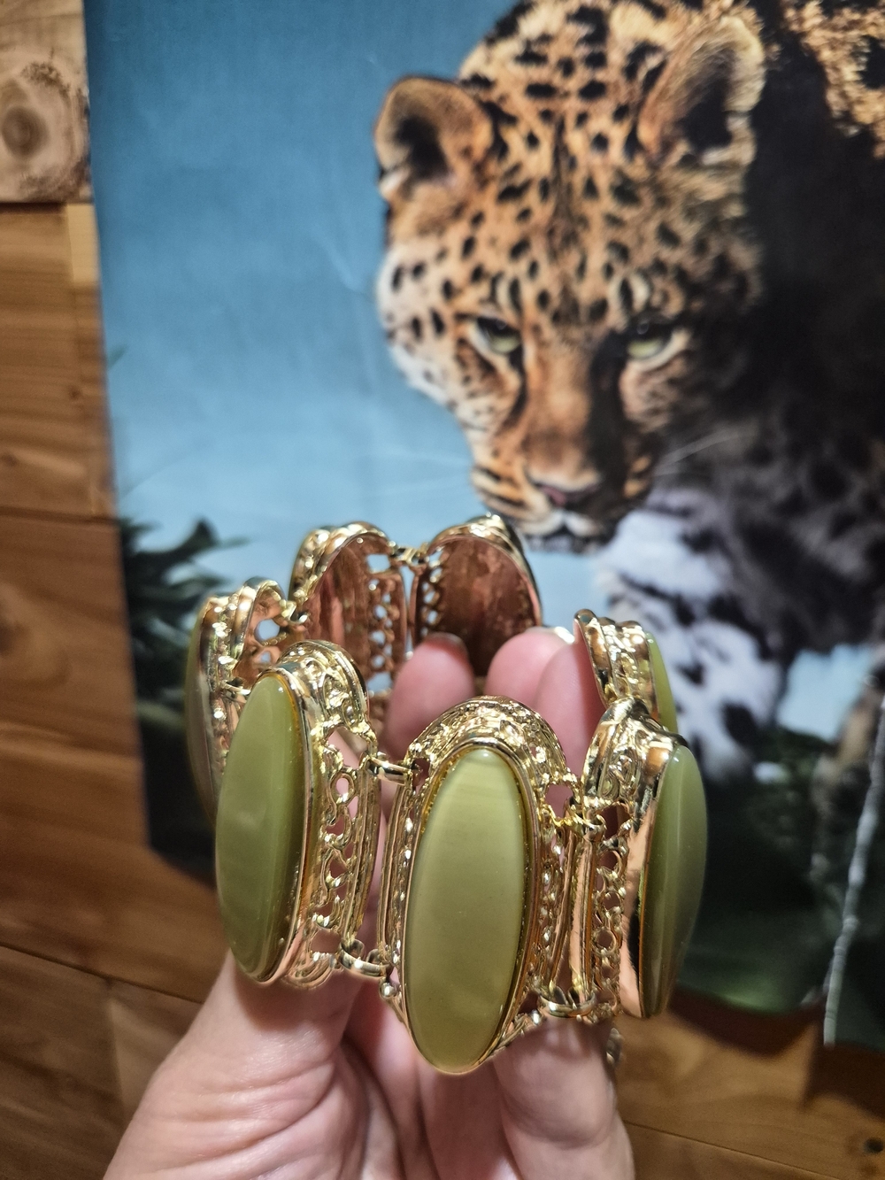 Gold-Tone Olive Green Cabochon Bracelet